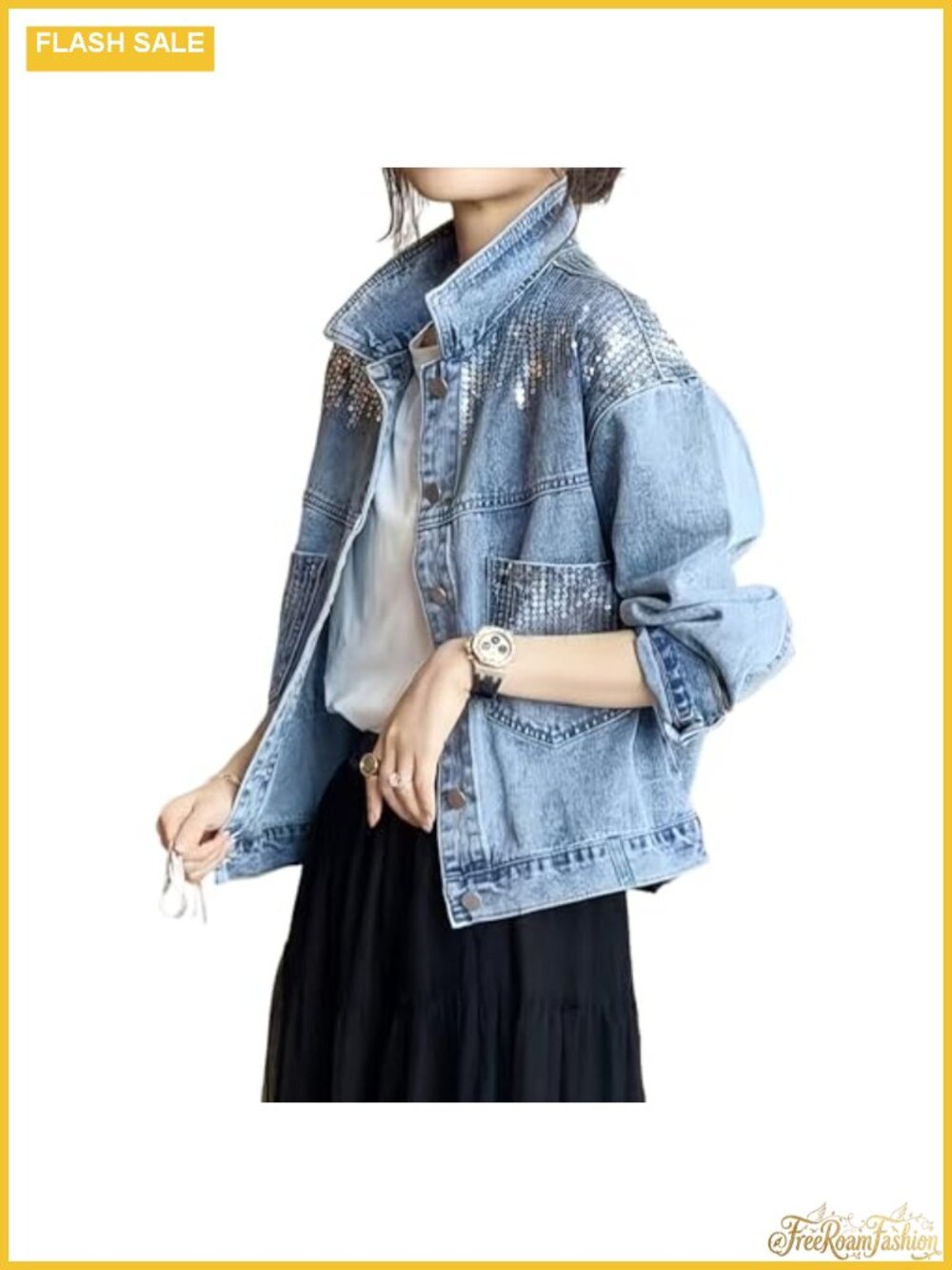 Sequin Denim Jacket Long Sleeve Button Down Sparkly Jean Jacket with Pockets